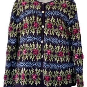 Talbots Navy and Green Patterned Cardigan Vintage 90s